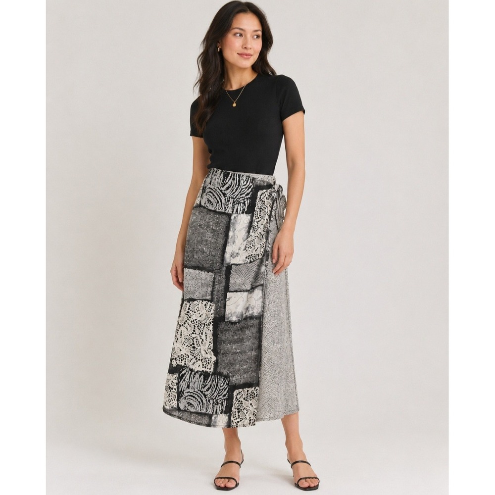 VTG 90s Patchwork Wrap Midi Skirt Small Black White Lace Print USA Boho Grunge
